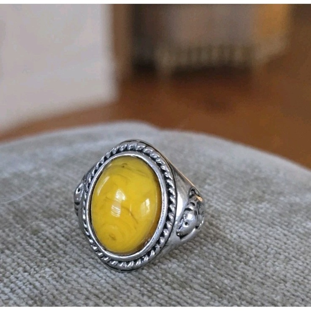 Butterscotch Amber Ring – Double Koi Fish– Prosperity Silvertone Vintage Artisan